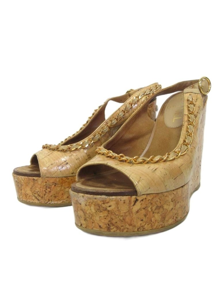 Chanel Chain Cc Logo Sandals Wedge Sole 36.5 Brown